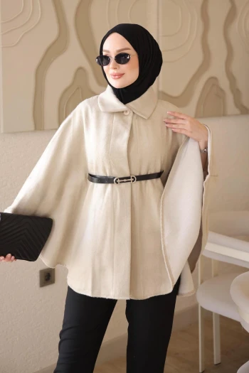 Bej Oversize Kalıp Kemerli Kaşe Panço