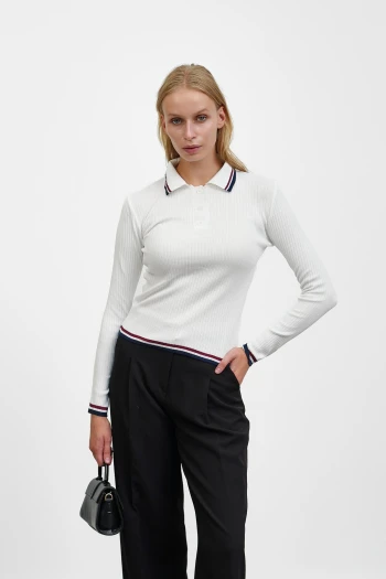 Beyaz Fitilli Polo Yaka Çizgili Triko Body