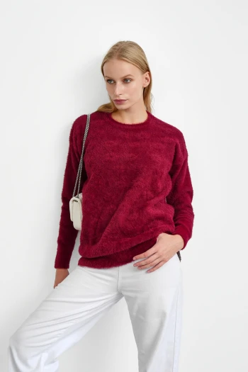Bordo Bisiklet Yaka Angora Yumoş Triko Kazak
