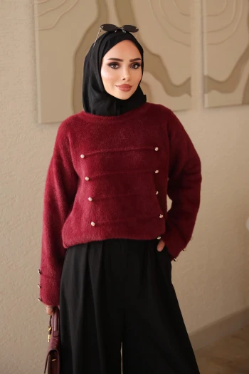 Bordo Düğme Detaylı Angora Triko Kazak