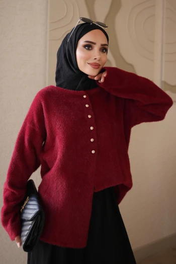 Bordo Düğmeli Angora Yumoş Triko Hırka