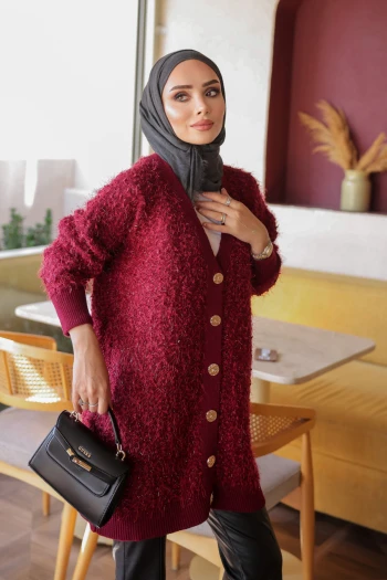 Bordo Düğmeli Simli Triko Hırka