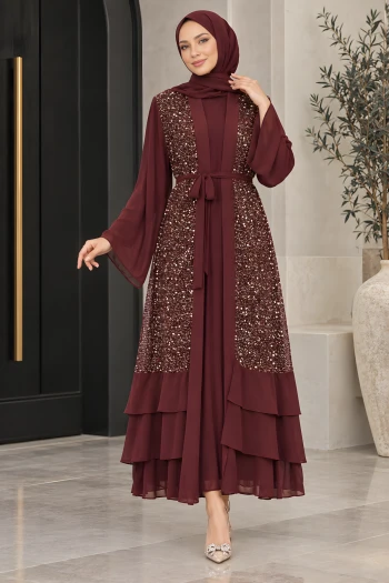 Bordo Eteği Katlı İkili Abaya Takım