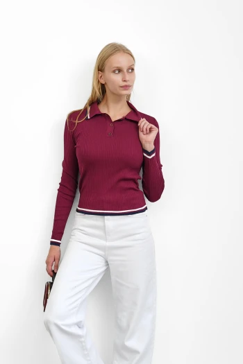 Bordo Fitilli Polo Yaka Çizgili Triko Body