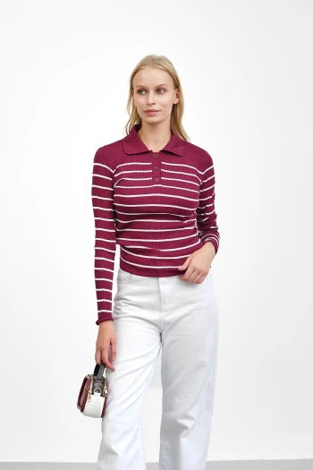 Bordo Fitilli Polo Yaka Triko Body