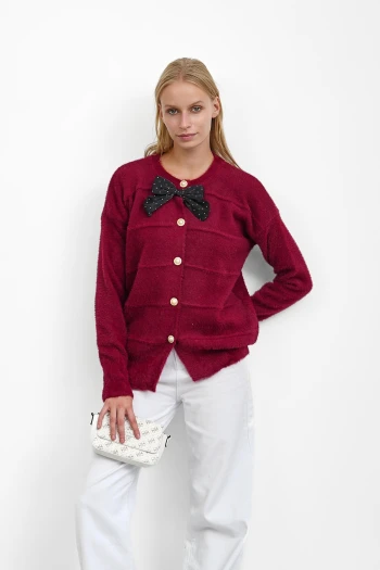 Bordo Fiyonk Detaylı Angora Yumoş Triko Hırka