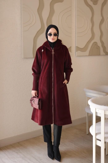 Bordo Kapüşonlu Angora Kaban