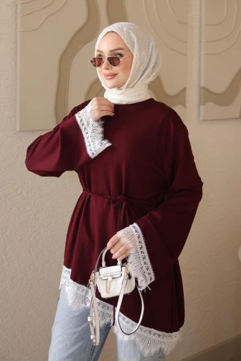 Bordo Kol Ve Eteği Dantelli Tunik