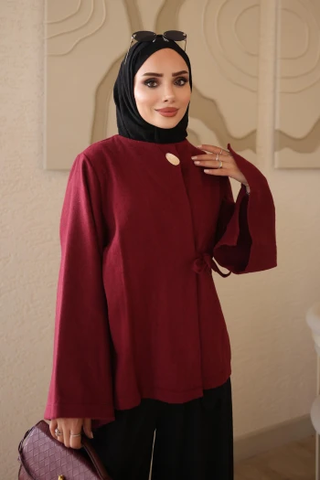 Bordo Kol Yırtmaçlı Yan Bağlamalı Kaşe Kimono