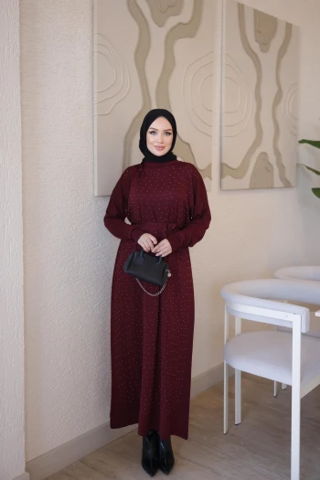 Bordo Merserize Taşlı Triko Elbise