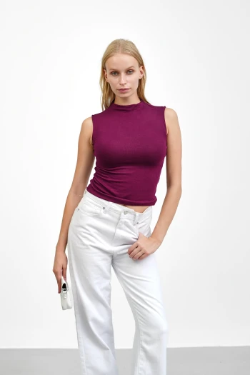 Bordo Sıfır Kol Modal Yaka Katlı Body