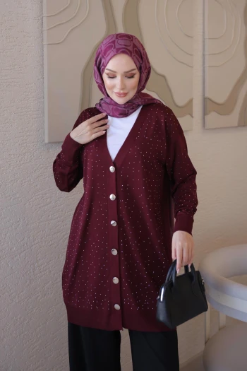 Bordo Soğuk İplik Taşlı Triko Hırka