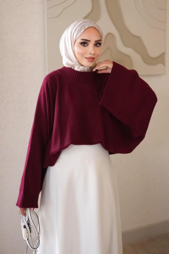 Bordo Yarasa Kol Oversize Triko Kazak