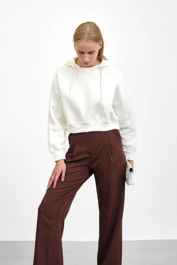 Ekru Kapşonlu İçi Şardonlu Üç İplik Sweatshirt