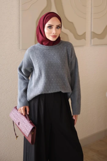 Füme Bisiklet Yaka Taşlı Angora Yumoş Triko Kazak