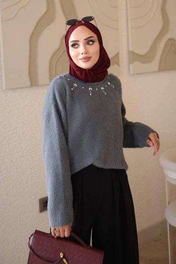 Füme Bisiklet Yaka Taşlı Angora Yumoş Triko Kazak