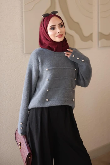 Füme Düğme Detaylı Angora Triko Kazak