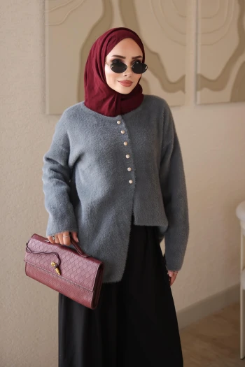 Füme Düğmeli Angora Yumoş Triko Hırka