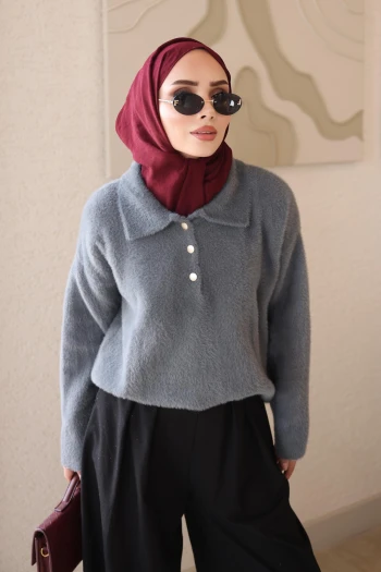 Füme Gömlek Yaka Angora Yumoş Triko Kazak
