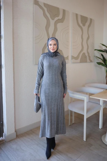 Gri Fitilli Bel Bağlamalı Triko Elbise