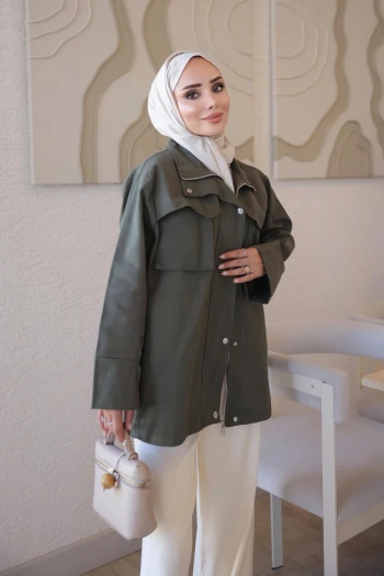 Haki Fermuarlı Çıtçıtlı Gabardin Ceket