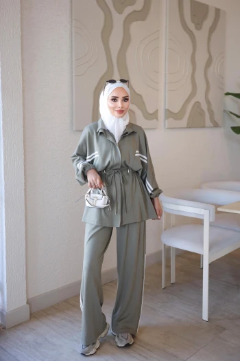 Haki Fermuarlı Şeritli Tunik Pantolonlu Takım