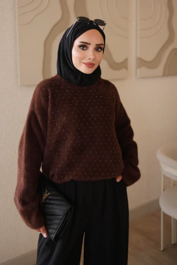 Kahverengi Bisiklet Yaka Taşlı Angora Yumoş Triko Kazak