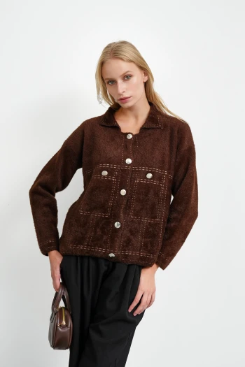 Kahverengi Dik Yaka Angora Yumoş Hırka