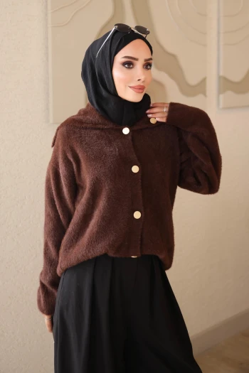 Kahverengi Düğmeli Angora Yumoş Triko Hırka