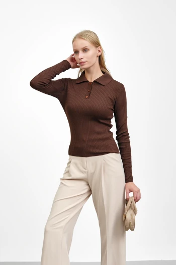 Kahverengi Fitilli Polo Yaka Triko Body