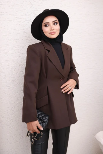 Kahverengi Kruvaze Yaka Beli Pensli Blazer Ceket