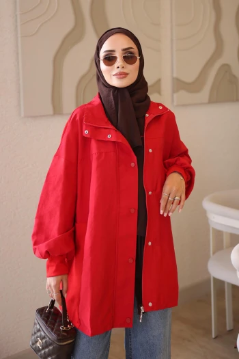 Kırmızı Fermuarlı Çıtçıtlı Garnili Ceket