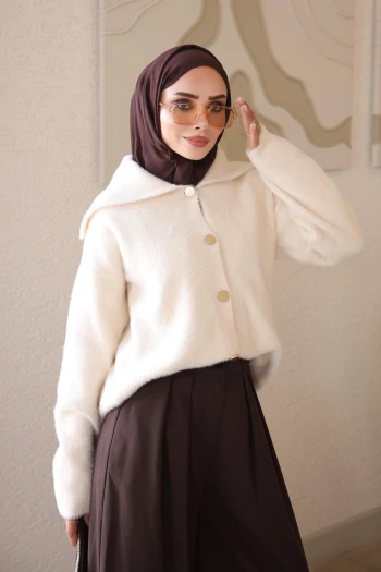 Krem Düğmeli Angora Yumoş Triko Hırka