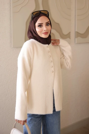 Krem Düğmeli Angora Yumoş Triko Hırka