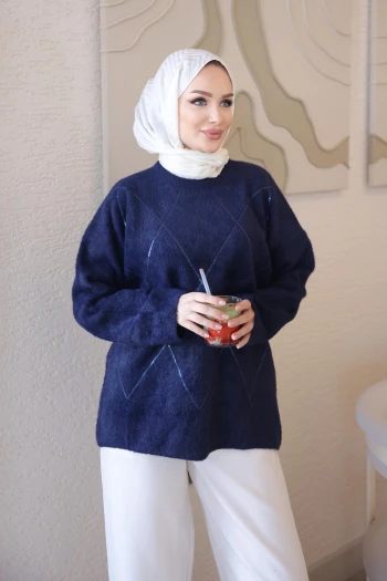 Lacivert Angora Pul İşlemeli Salaş Triko Kazak
