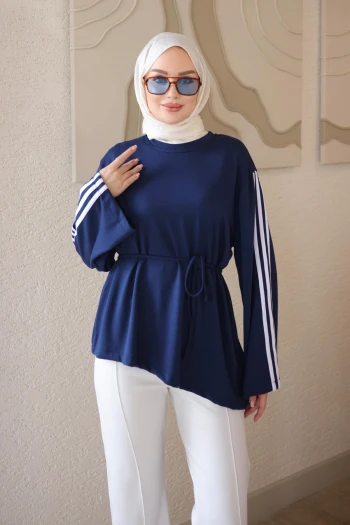 Lacivert Bel Bağlamalı Şeritli Tunik