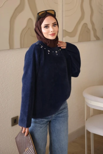 Lacivert Bisiklet Yaka Taşlı Angora Yumoş Triko Kazak