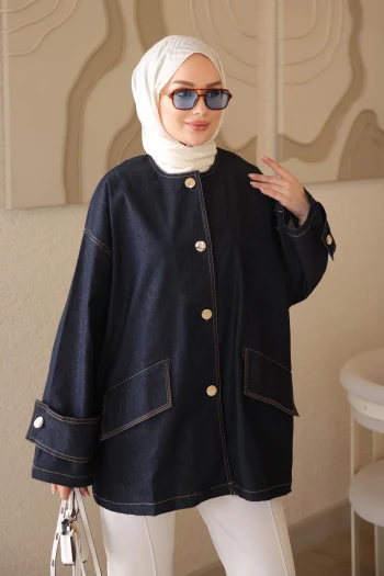 Lacivert Cepli Düğmeli Oversize Ceket