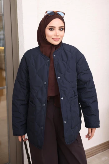 Lacivert Cepli Kapitone Çıtçıtlı Mont