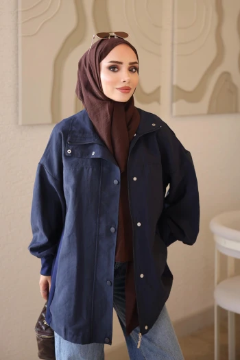 Lacivert Fermuarlı Çıtçıtlı Garnili Ceket