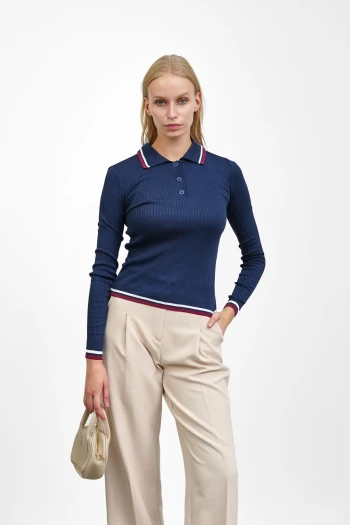 Lacivert Fitilli Polo Yaka Çizgili Triko Body