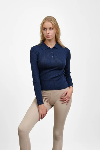 Lacivert Fitilli Polo Yaka Triko Body