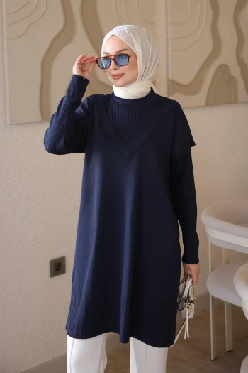 Lacivert Kol Yaka Detaylı Merserize Triko Tunik