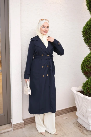 Lacivert Kruvaze Yaka Düğmeli Trençkot