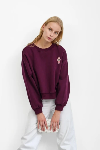 Mürdüm Bisiklet Yaka Nakışlı Üç İplik Kısa Oversize Sweat