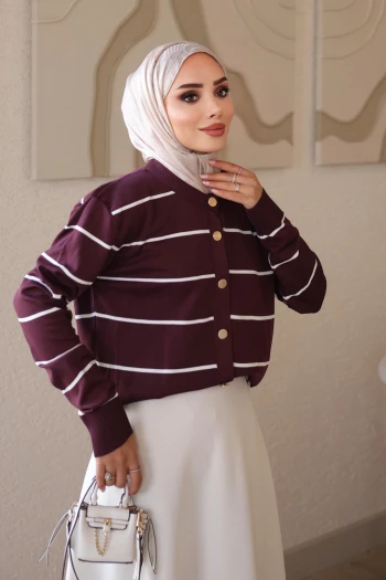Mürdüm Çizgili Soğuk İplik Triko Hırka