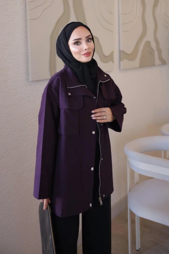 Mürdüm Fermuarlı Çıtçıtlı Gabardin Ceket