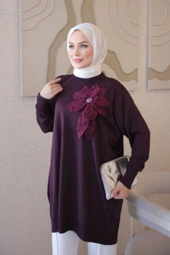 Mürdüm Soğuk İplik Çiçek Detaylı Triko Tunik