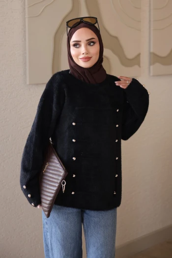 Siyah Düğme Detaylı Angora Triko Kazak