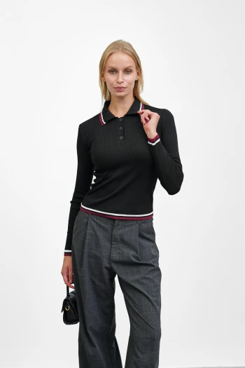 Siyah Fitilli Polo Yaka Çizgili Triko Body